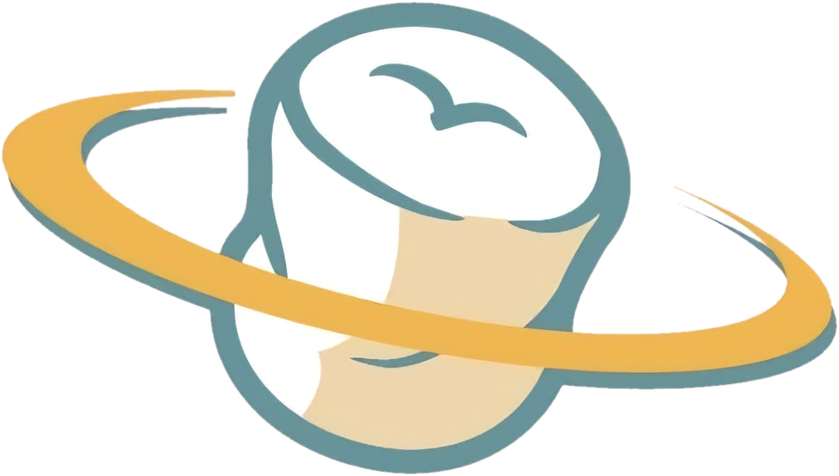 Logo van The Marsmellows: een marshmallow met een gele planetenring
